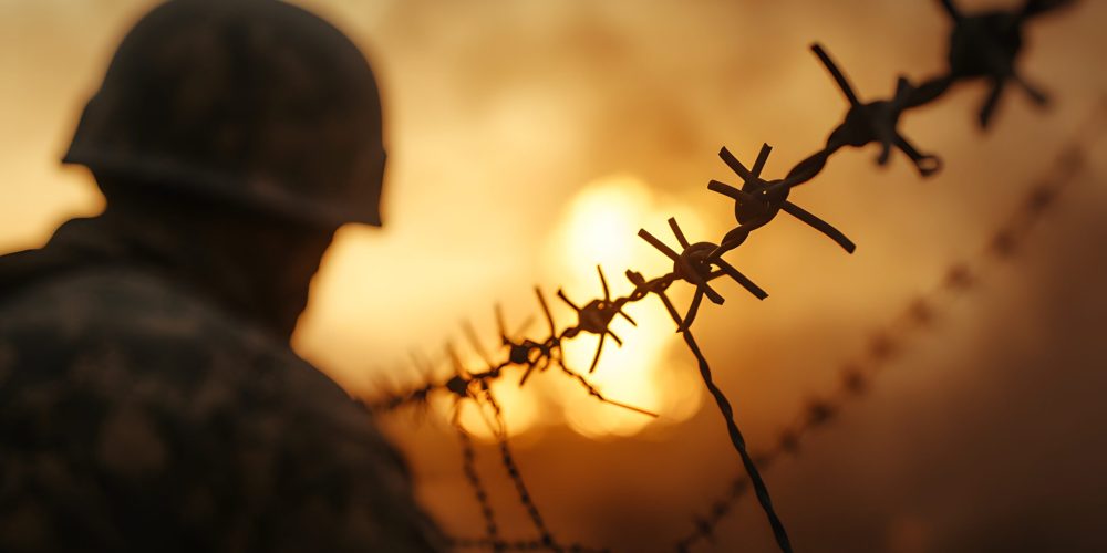 World War II Battlefield with Trenches and Barbed Wire, Depicting a Grim and Historical Scene of Warfare and Strategic Defence